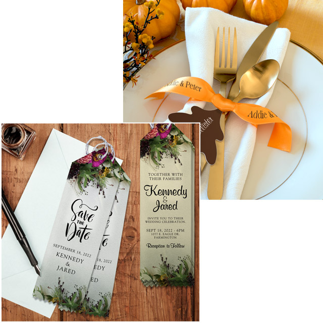 Unique ideas for save the date with custom top ribbons.