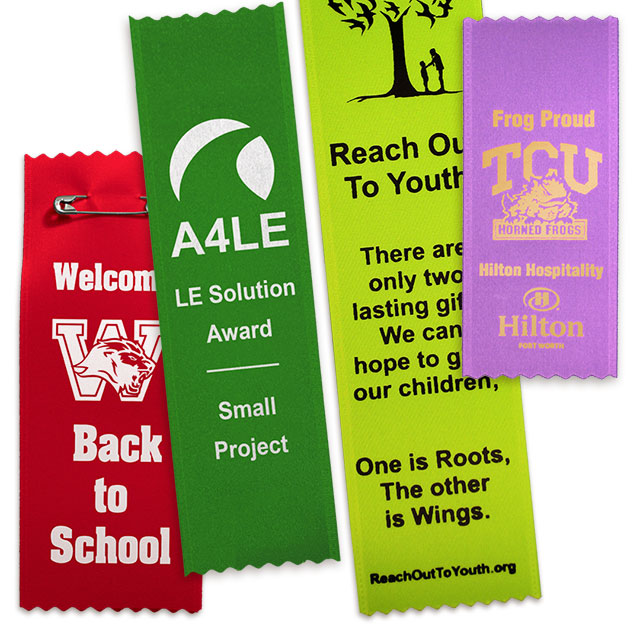 Add custom text and logos to vertical badge ribbons.
