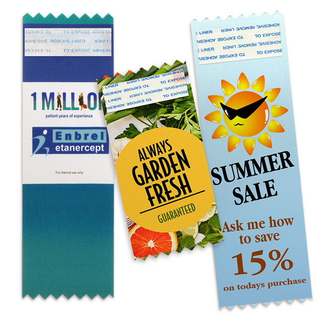 Vertical badge ribbons with full color printing.