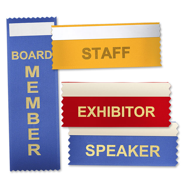 Various badge ribbons with stock titles.
