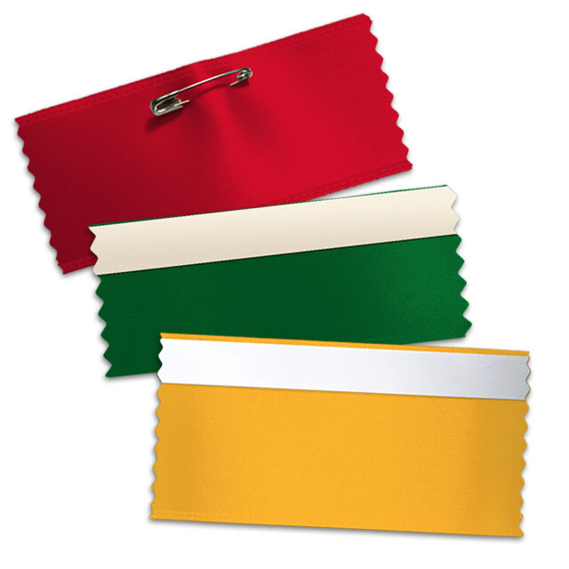 red,green,yellow horizontal blank ribbons with tape and pins on the front.