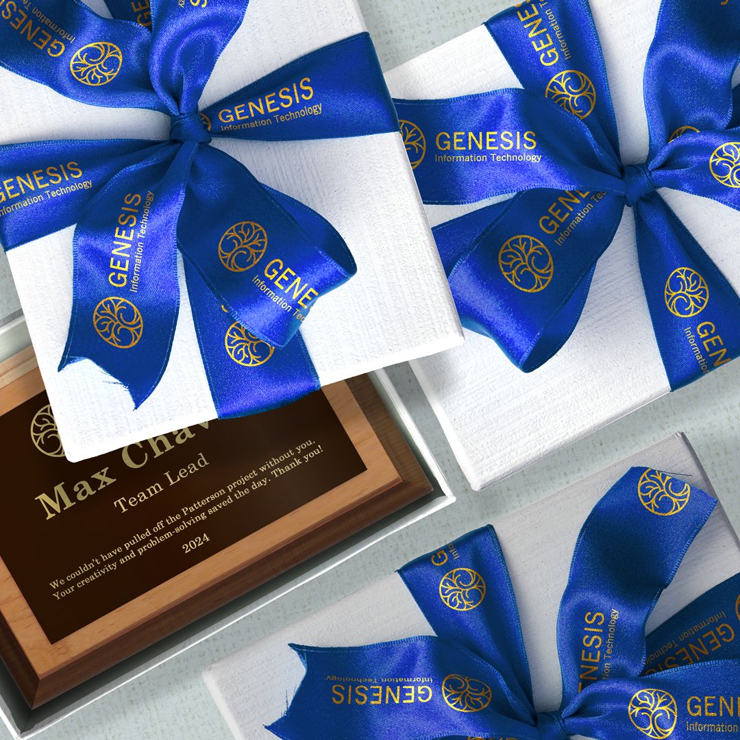 Custom ribbon rolls used to wrap a corporate award plaque.
