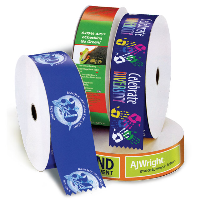 Examples of full color printing on satin acetate ribbon rolls.