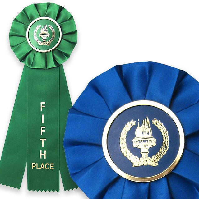 Green rosette ribbon with three streamers and a close up of a victory torch graphic.