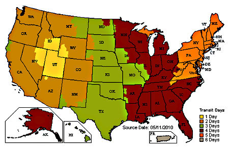 UPS ground shipping estimation map of the united states.