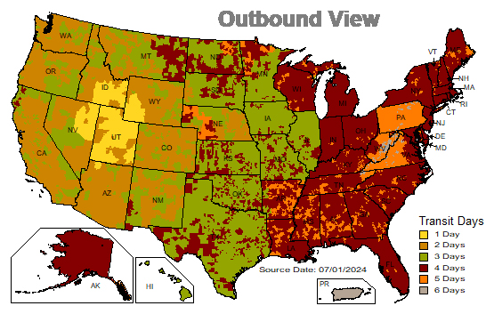 UPS ground shipping estimation map of the united states.