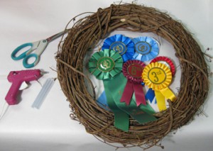 Gathering materials for rosette award ribbon wreath