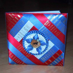 The front of a scrapbook that has been covered with award ribbons and the center of a rosette.