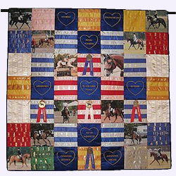 A patchwork quilt fashioned from multiple streamers and award ribbons.