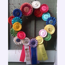 A grape vine wreath with multiple rosette ribbons and streamers glued to it.