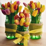 Spring Tulips and Burlap Wrapped Mason Jars flower arrangements