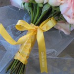 yellow gold single faced satin ribbon imprint pigment white with pink roses and flowers