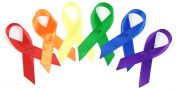 Custom Ribbon rolls cut to symbolize the colors red orange yellow green blue purple for awareness