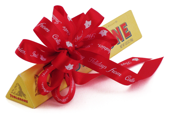 A corporate ribbon tied around a candy bar as part of a company's networking strategy.