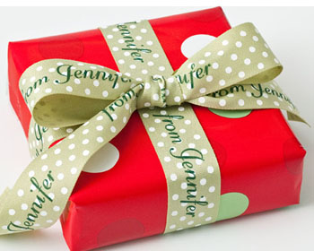 A gift wrapped using a custom ribbon, used to stay socially connected with other people.