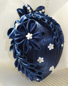 Kanzashi Ribbon Flowers on an Egg Shaped Ornament making Kanzashi Flowers using ribbon rolls and turning them into decorations