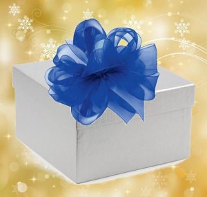 Gift boxes wrapped in blue and silver paper with white and gold ribbon bows.  Stock Photo by TaniaJoy