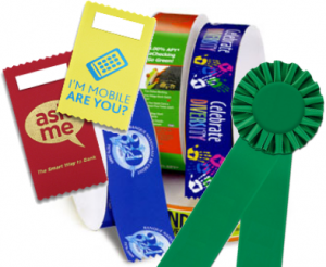 product marketing ribbons with ribbon rolls, rosette ribbons and badge ribbons