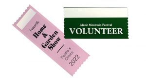 One vertical and one horizontal badge ribbon custom designed for a garden show and a volunteer title to be used at fairs and festivals.