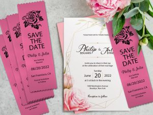 Pinked top, custom badge ribbons for a save the date reminder for spring or summer wedding.