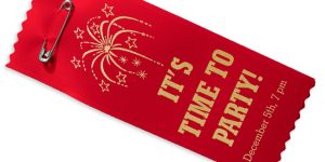 Crimson red vertical graphic badge ribbon with gold imprint to help celebrate Christmas.