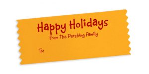 Deep gold horizontal custom text badge ribbon with a holiday message imprinted in metallic red.