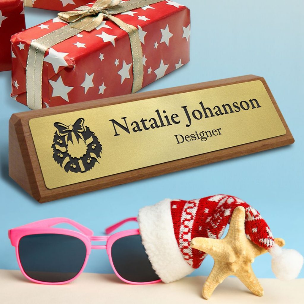 Custom designed desk wedge with a Christmas graphic.