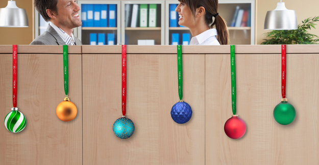 Ornaments and ribbons hanging along a pharmacy wall.