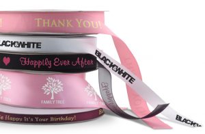 Ribbon rolls with custom text and logos for product packaging and events uses for your business.