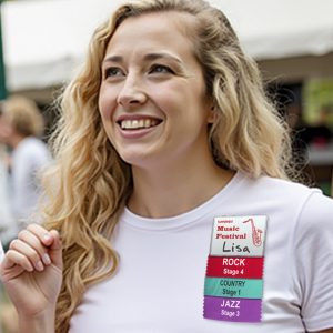 A woman wearing a badge holder with an insert designed for a music festival. There are three badge ribbons designed to make the event more memorable.