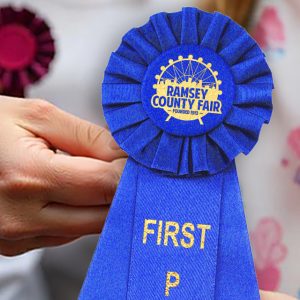 Rosette ribbon that is given as a first place prize at a county fair.