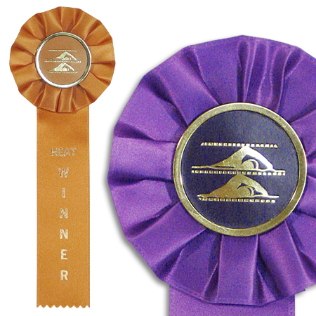 Single streamer rosettes with a swim meet center are available in a variety of titles.