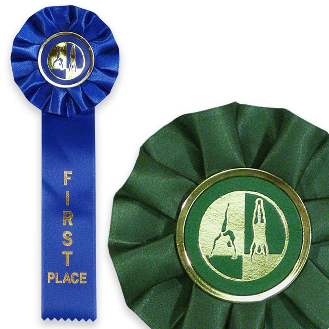 Blue and green gymnastic rosette ribbons with a single streamer.