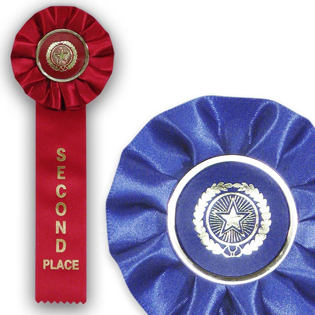 Red, second place rosette ribbon with a single streamer and a star graphic on the center button.