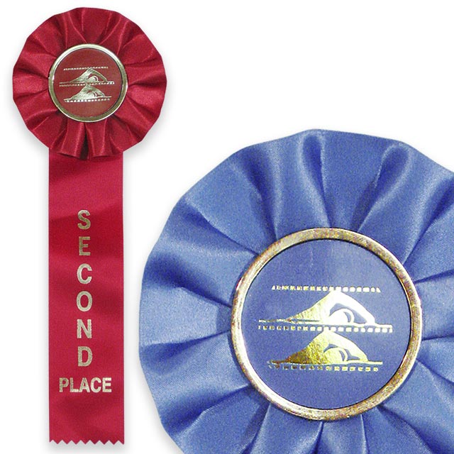 Maroon sixth place and blue swim rosettes with two swimmer lanes on the center button.