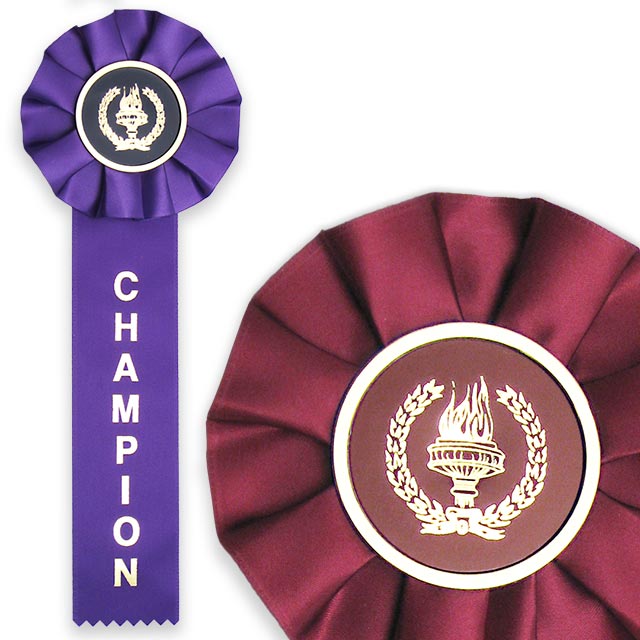 Single streamer, victory torch award icon on a purple and maroon rosette ribbon.